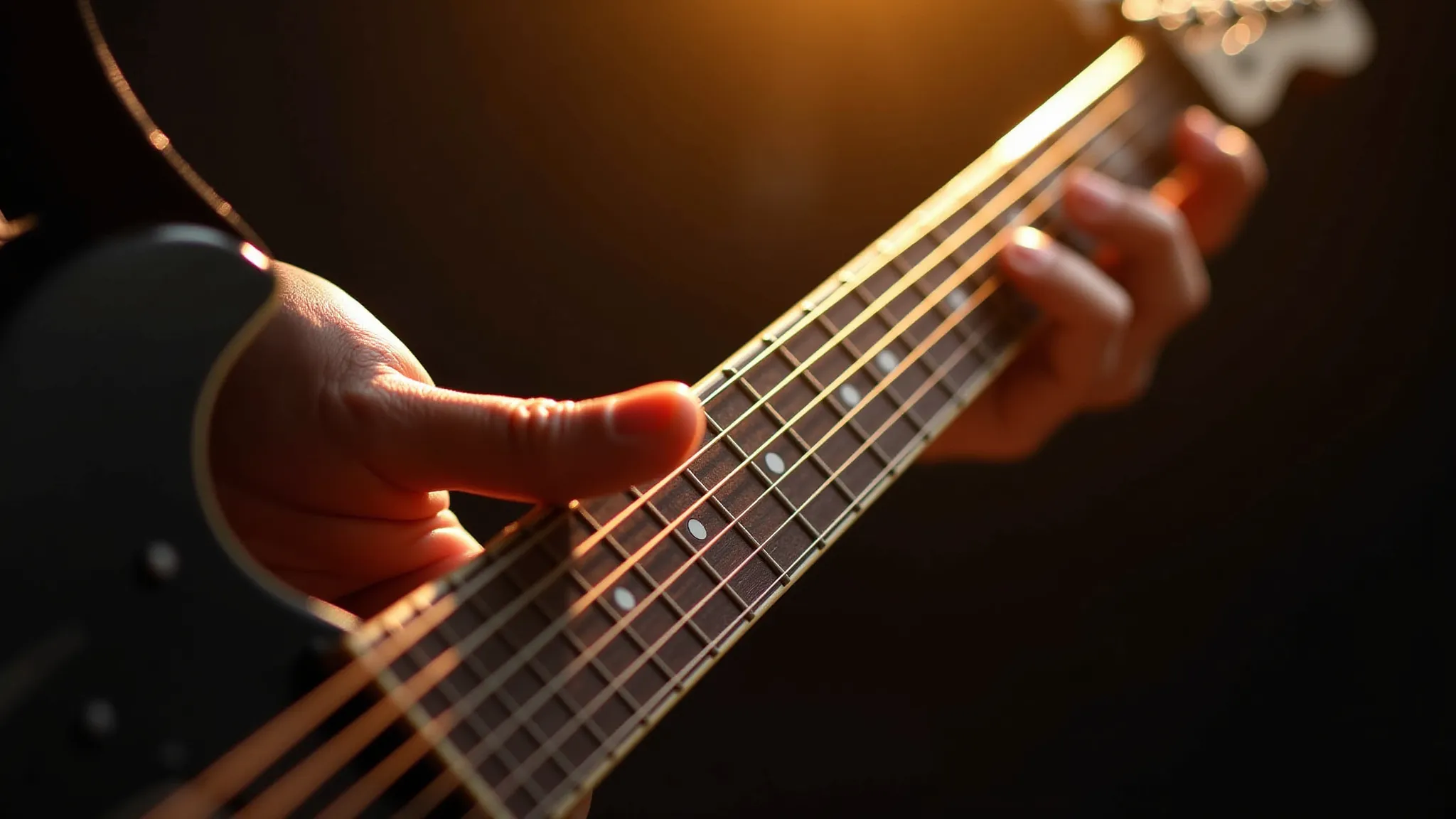 Close-up of a hand on a guitar neck in warm light