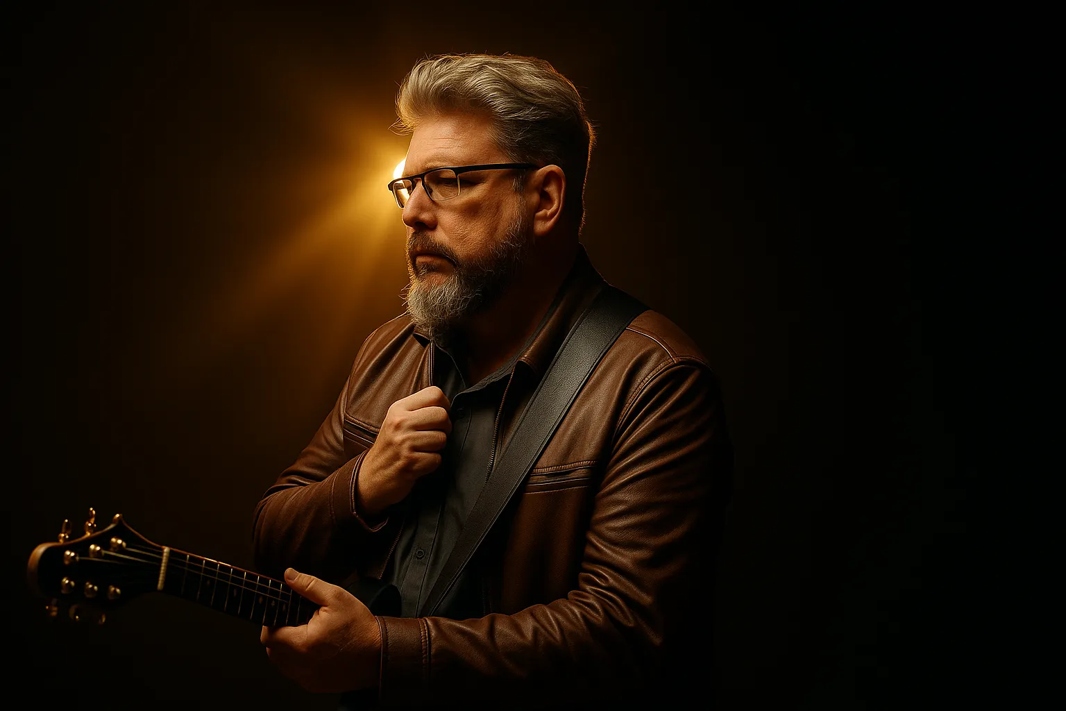 Lian Storme in a brown leather jacket, holding his guitar under a warm spotlight