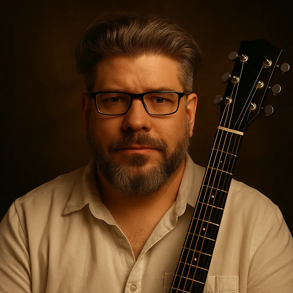 Lian Storme in a cream shirt with his guitar over his shoulder
